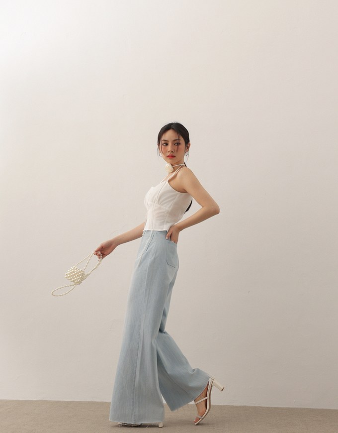 Jeans Denim Wide Leg Pants with Raw Hem and Patch Pockets