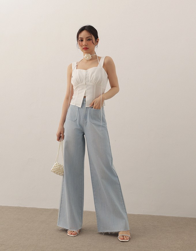 Jeans Denim Wide Leg Pants with Raw Hem and Patch Pockets
