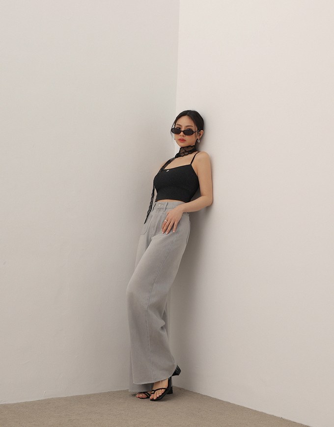 Jeans Denim Wide Leg Pants with Raw Hem and Patch Pockets