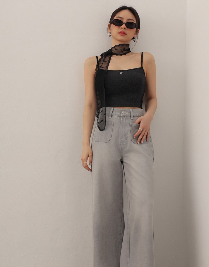 Jeans Denim Wide Leg Pants with Raw Hem and Patch Pockets