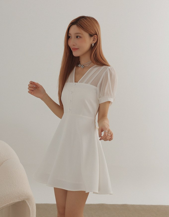 Buttoned Sheer Patchwork Chiffon Flare Mini Dress