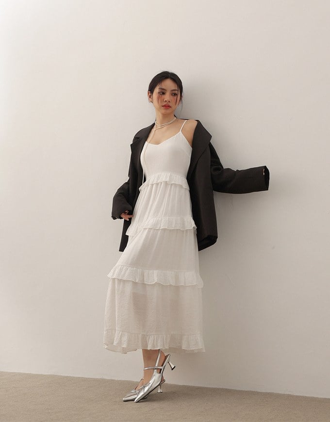 Layered Ruffle Hem Spaghetti Strap Cami Maxi Dress