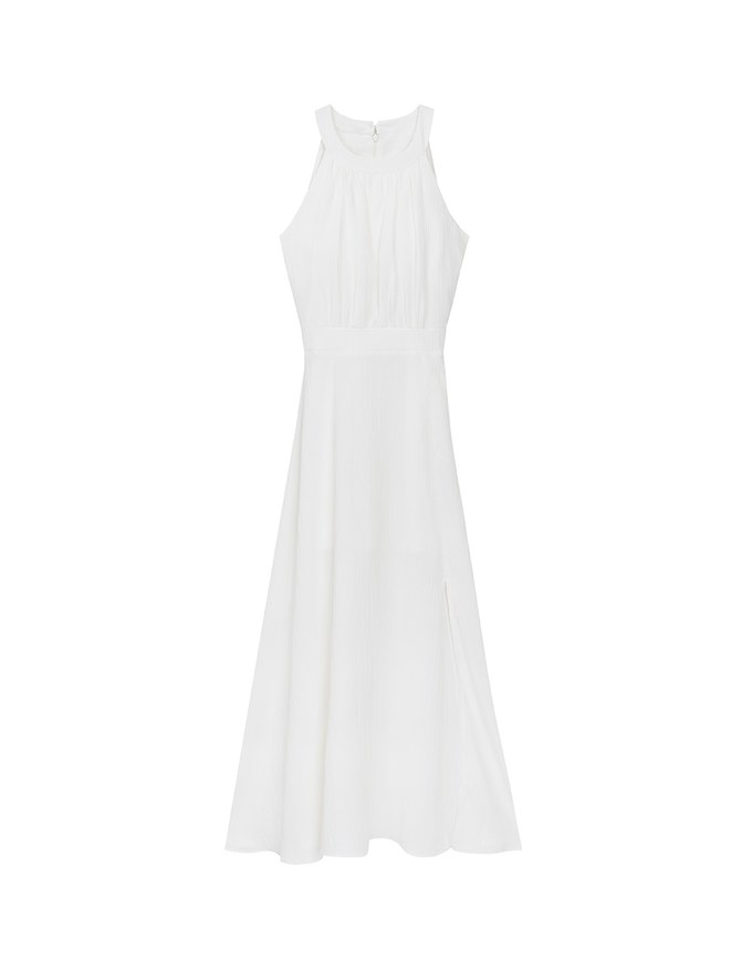 Elegant Halter Neck Pleated Padded Maxi Dress with Side Slit and Flowy Hem