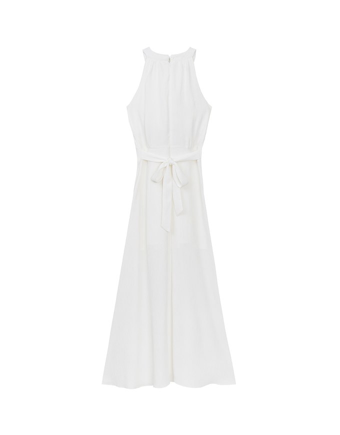 Elegant Halter Neck Pleated Padded Maxi Dress with Side Slit and Flowy Hem