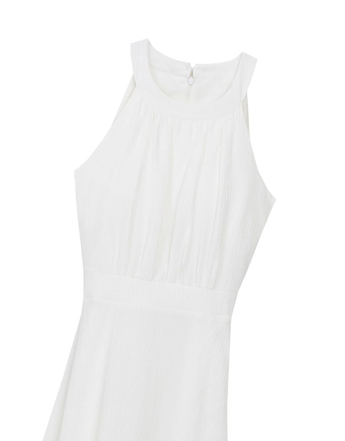 Elegant Halter Neck Pleated Padded Maxi Dress with Side Slit and Flowy Hem