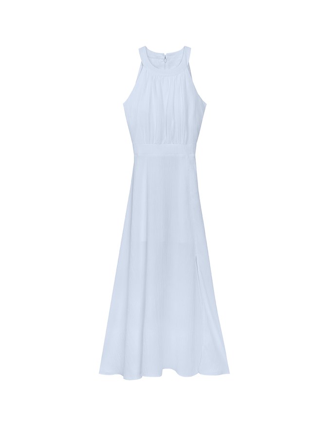 Elegant Halter Neck Pleated Padded Maxi Dress with Side Slit and Flowy Hem