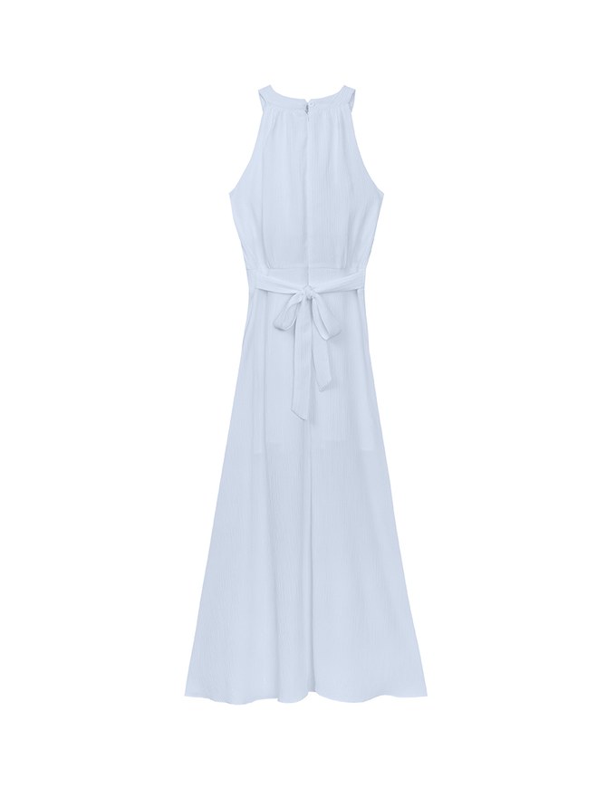 Elegant Halter Neck Pleated Padded Maxi Dress with Side Slit and Flowy Hem