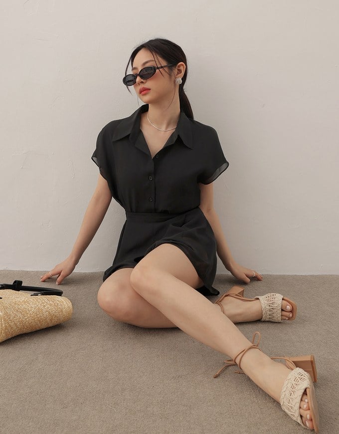 Chiffon Collared Short Sleeve Top And Flowy Pleated Mini Shorts Set Wear