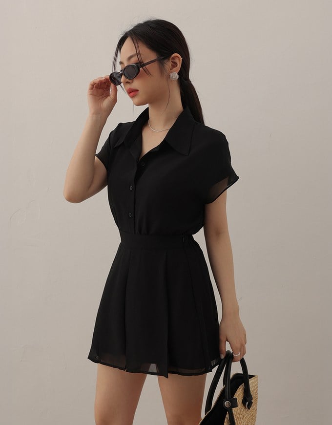 Chiffon Collared Short Sleeve Top And Flowy Pleated Mini Shorts Set Wear