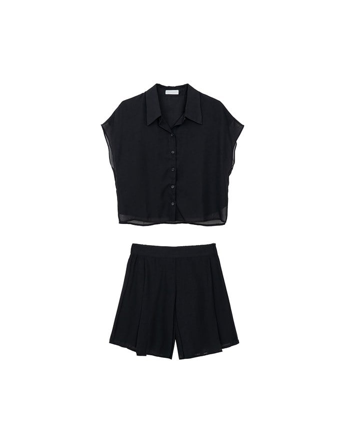 Chiffon Collared Short Sleeve Top And Flowy Pleated Mini Shorts Set Wear