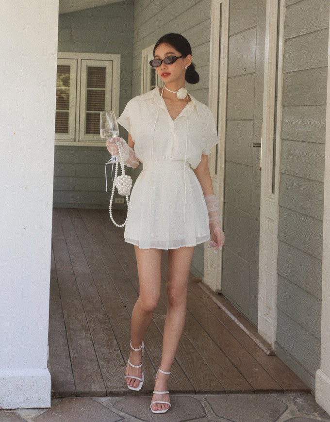 Chiffon Collared Short Sleeve Top And Flowy Pleated Mini Shorts Set Wear