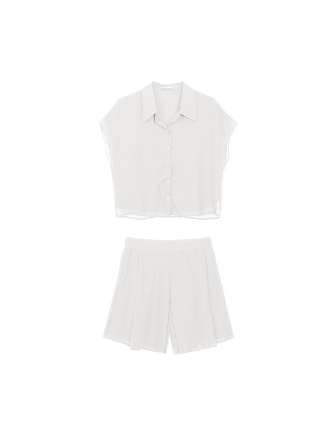 Chiffon Collared Short Sleeve Top And Flowy Pleated Mini Shorts Set Wear