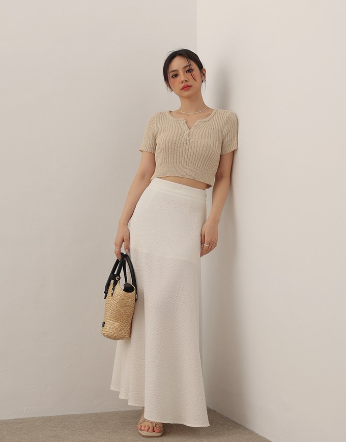 Short Sleeve Textured Knit Cropped Top with V-Neck Placket