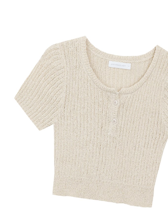 Short Sleeve Textured Knit Cropped Top with V-Neck Placket