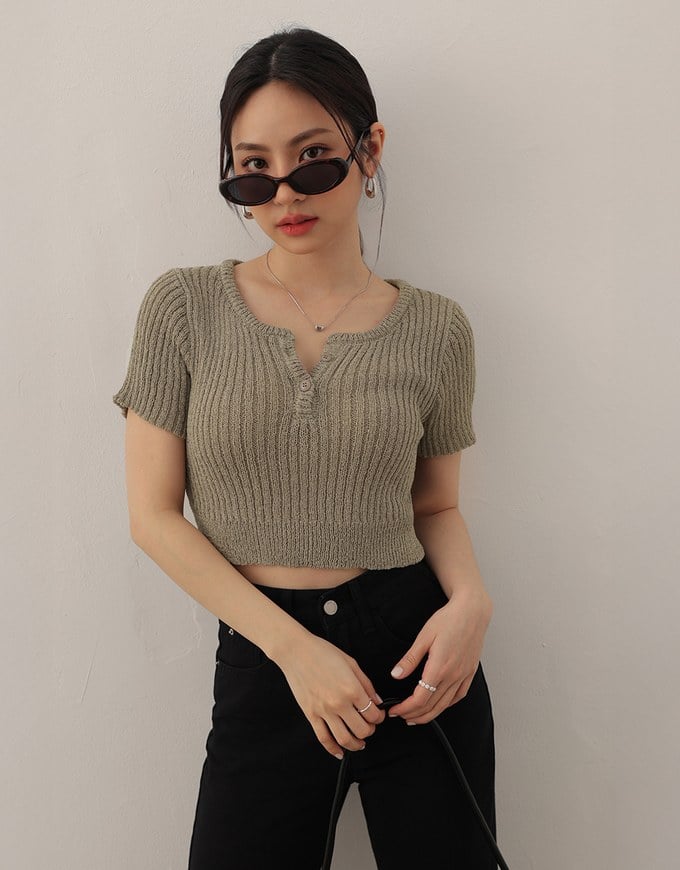 Short Sleeve Textured Knit Cropped Top with V-Neck Placket