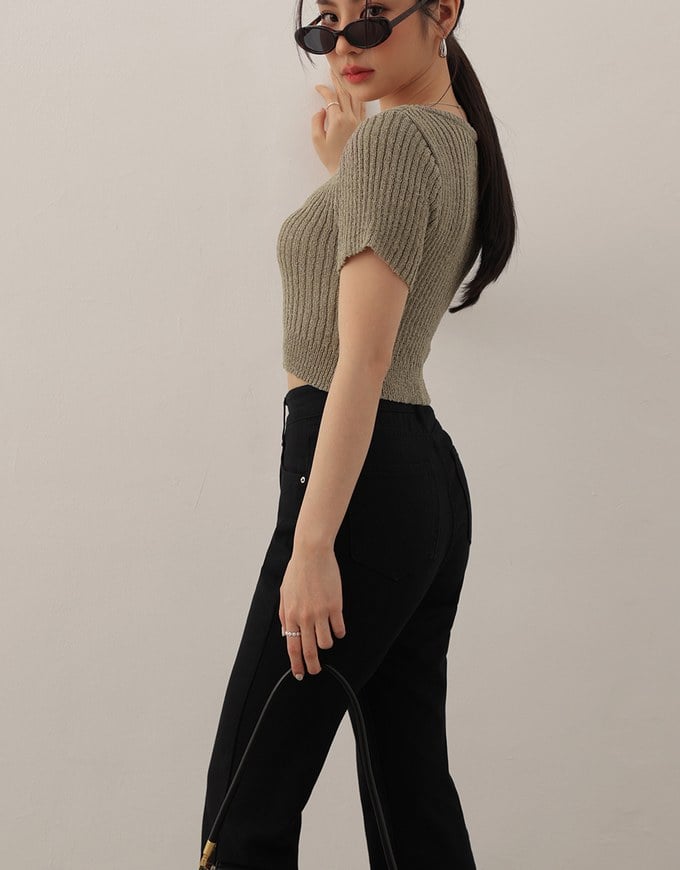 Short Sleeve Textured Knit Cropped Top with V-Neck Placket