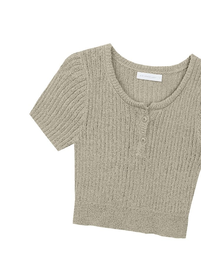 Short Sleeve Textured Knit Cropped Top with V-Neck Placket