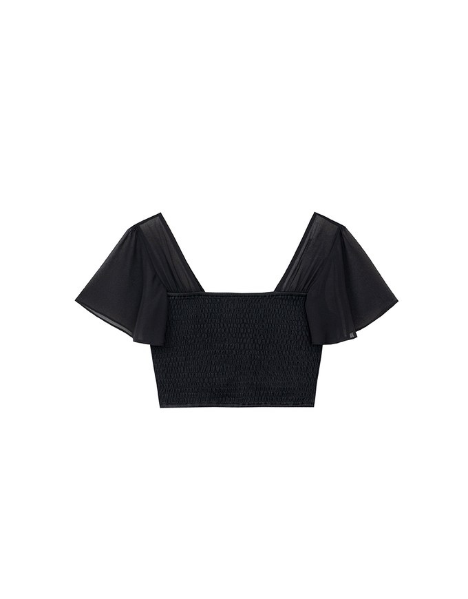 Sheer Chiffon Cross V Neck Flare Sleeve Padded Top