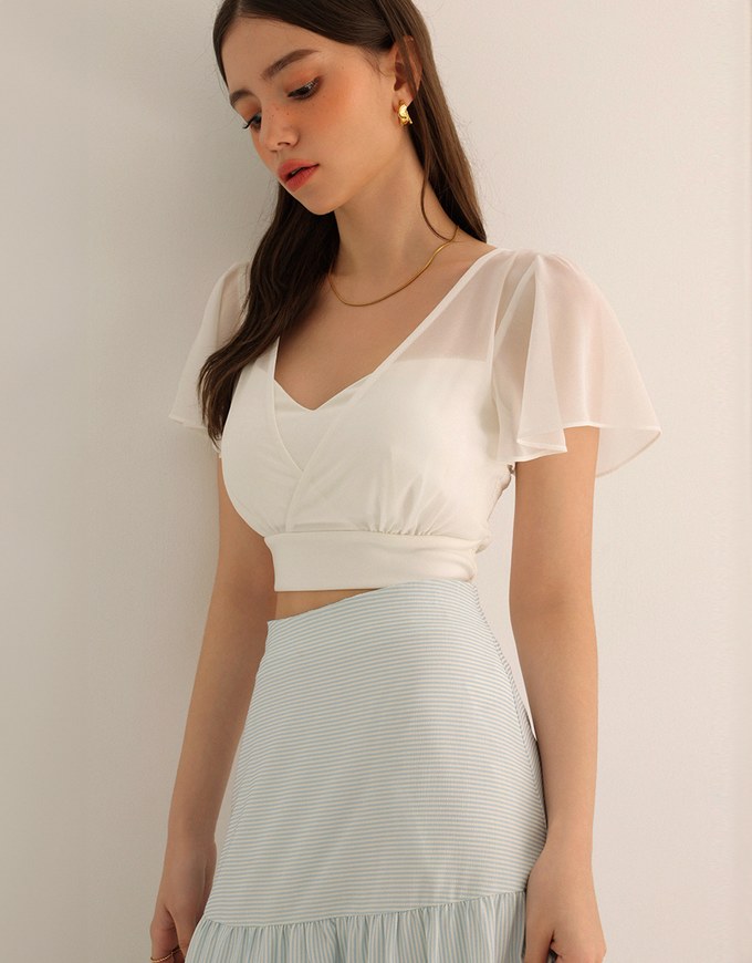 Sheer Chiffon Cross V Neck Flare Sleeve Padded Top
