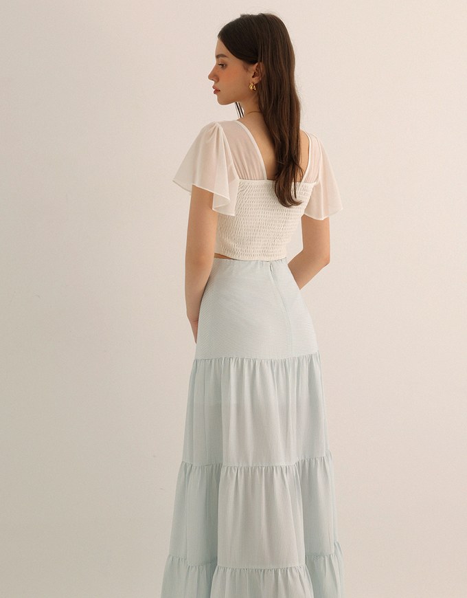 Sheer Chiffon Cross V Neck Flare Sleeve Padded Top