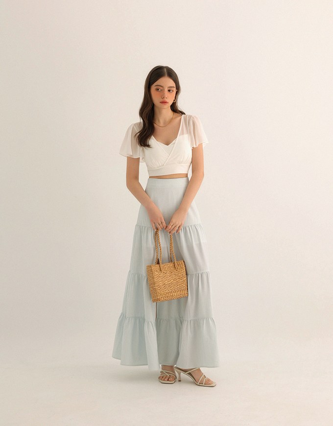 Sheer Chiffon Cross V Neck Flare Sleeve Padded Top
