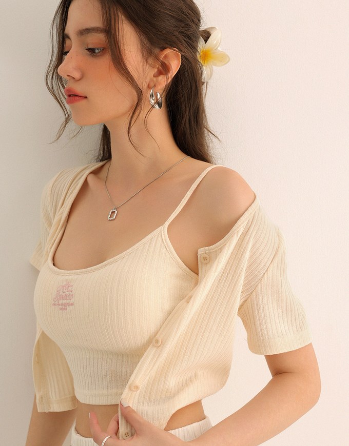 Short Sleeve Buttoned Knit Cardigan And AIR SPACE Logo Embroidered Ribbed Cami Padded Crop Top Set Wear
