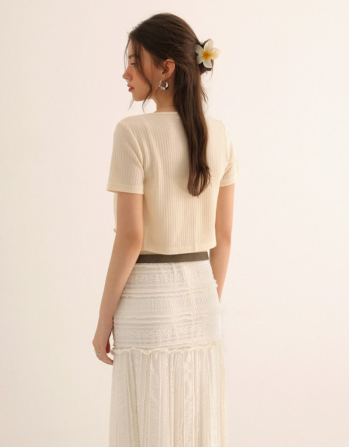 Short Sleeve Buttoned Knit Cardigan And AIR SPACE Logo Embroidered Ribbed Cami Padded Crop Top Set Wear