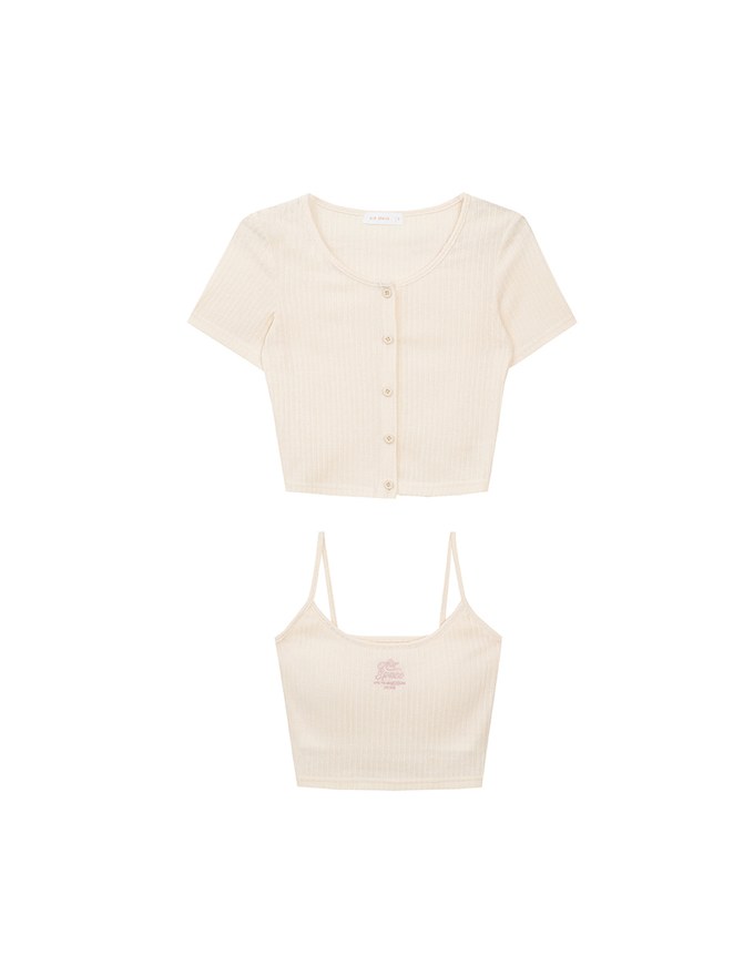 Short Sleeve Buttoned Knit Cardigan And AIR SPACE Logo Embroidered Ribbed Cami Padded Crop Top Set Wear