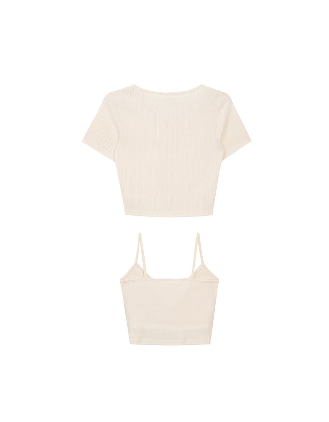 Short Sleeve Buttoned Knit Cardigan And AIR SPACE Logo Embroidered Ribbed Cami Padded Crop Top Set Wear