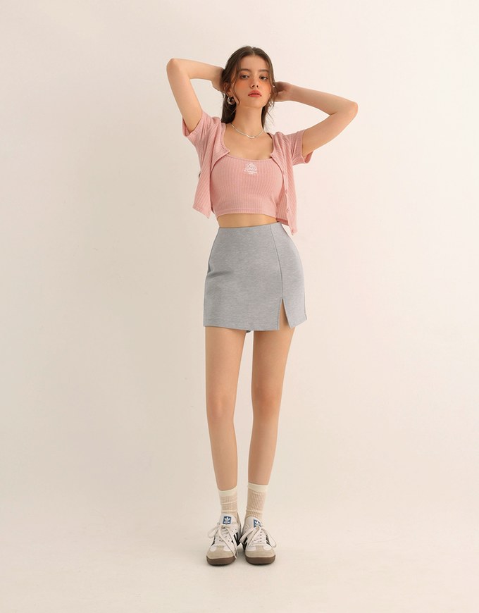 Short Sleeve Buttoned Knit Cardigan And AIR SPACE Logo Embroidered Ribbed Cami Padded Crop Top Set Wear