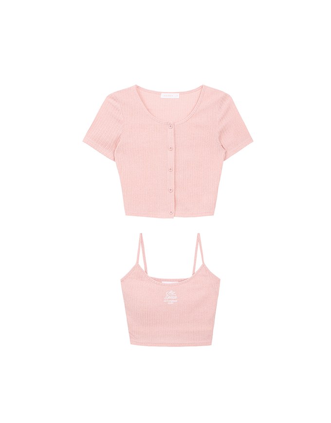 Short Sleeve Buttoned Knit Cardigan And AIR SPACE Logo Embroidered Ribbed Cami Padded Crop Top Set Wear