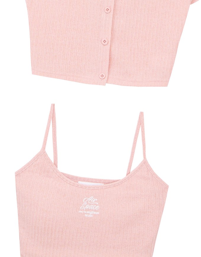 Short Sleeve Buttoned Knit Cardigan And AIR SPACE Logo Embroidered Ribbed Cami Padded Crop Top Set Wear