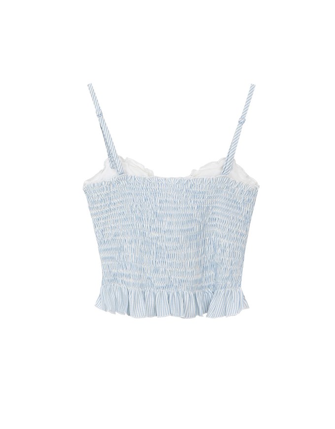 Ruched Striped Padded Cami Cropped Top with Ruffle Hem