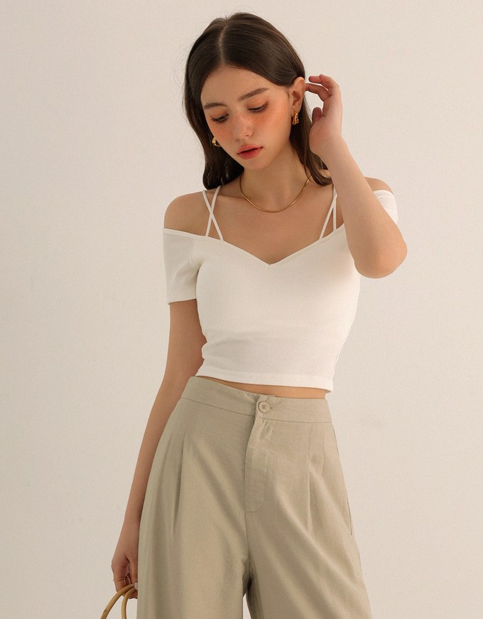 Sexy Off Shoulder Ribbed Knit Padded Top with Double Thin Straps
