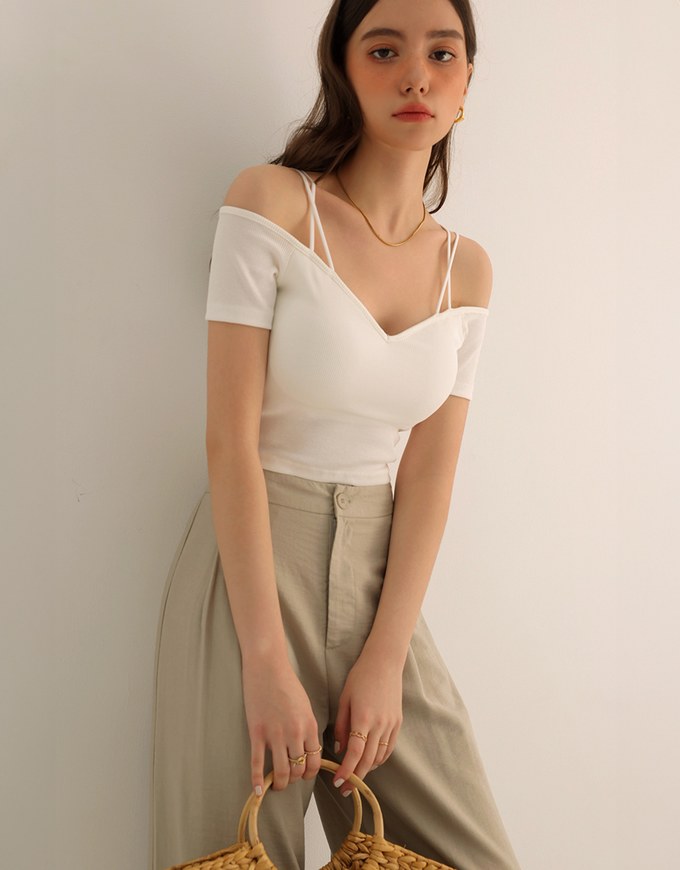 Sexy Off Shoulder Ribbed Knit Padded Top with Double Thin Straps