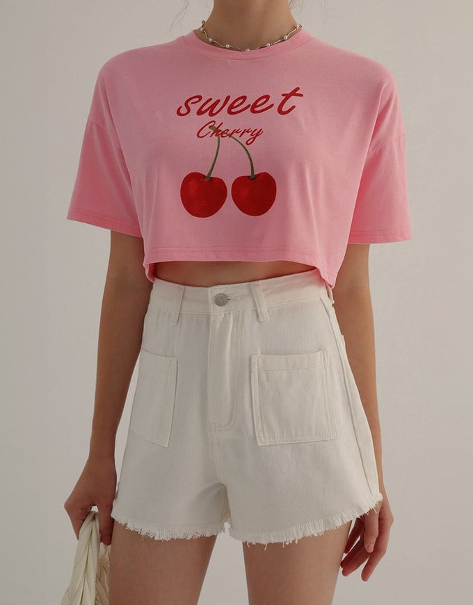 Cotton Fruits Graphic Printed Short Sleeve Cropped Top