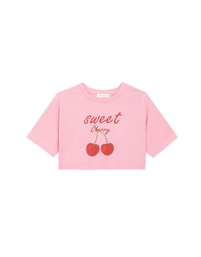 Cotton Fruits Graphic Printed Short Sleeve Cropped Top