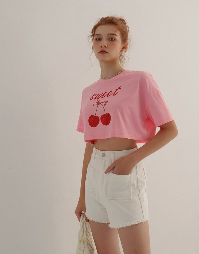 Cotton Fruits Graphic Printed Short Sleeve Cropped Top