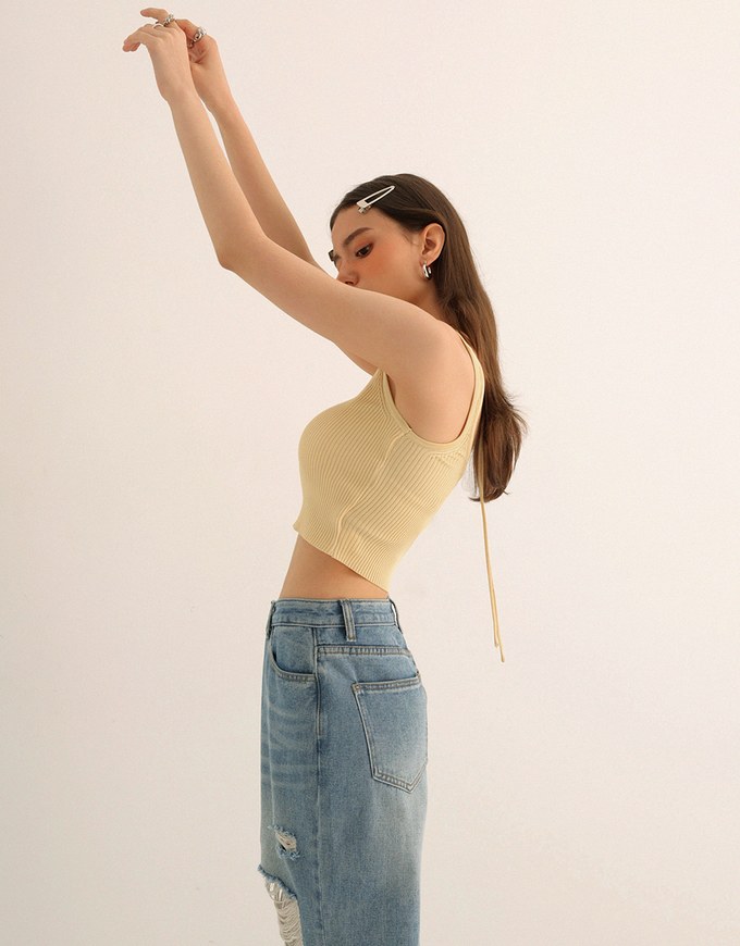 Minimalist Halter Neck Knit Padded Tank Top with Cross Back Tie Detail