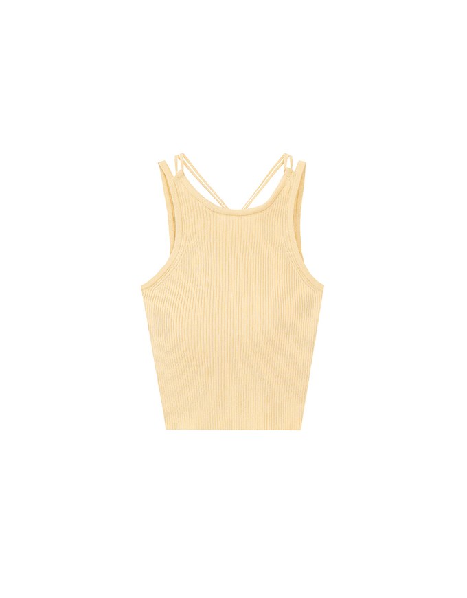 Minimalist Halter Neck Knit Padded Tank Top with Cross Back Tie Detail