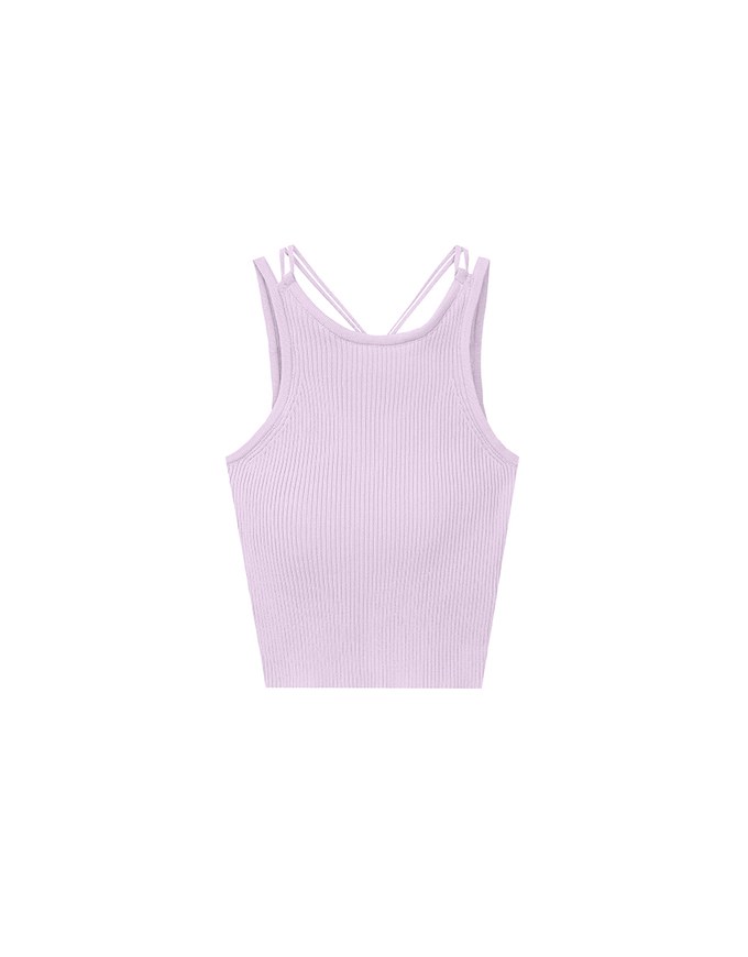 Minimalist Halter Neck Knit Padded Tank Top with Cross Back Tie Detail