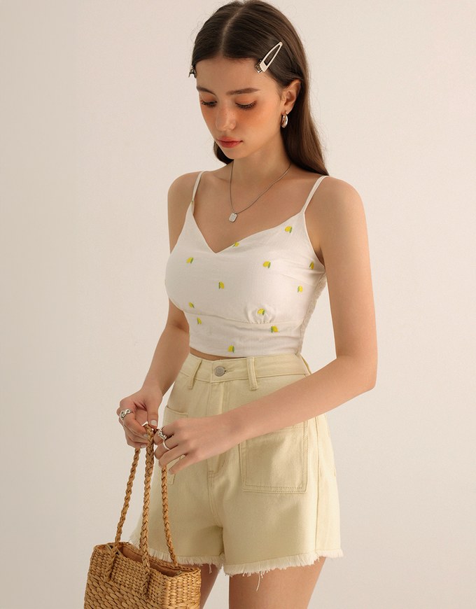 Lemon Embroidered V Neck Cami Padded Crop Top