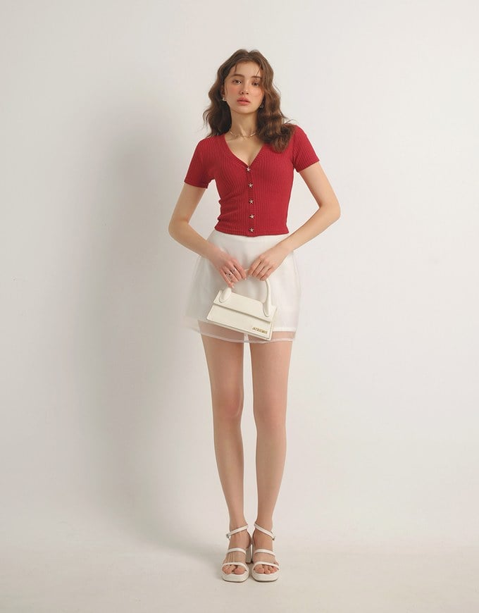 V Neck Starfish Button Ribbed Knit Fitted Top