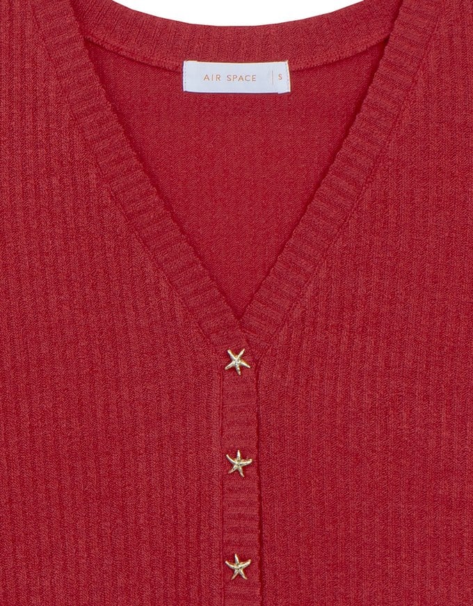 V Neck Starfish Button Ribbed Knit Fitted Top