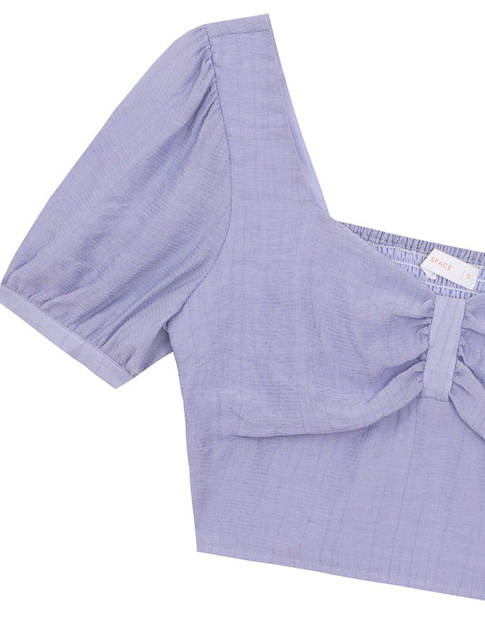 Square Neck Textured Puff Sleeve Cropped Top with Ruched Front Detail