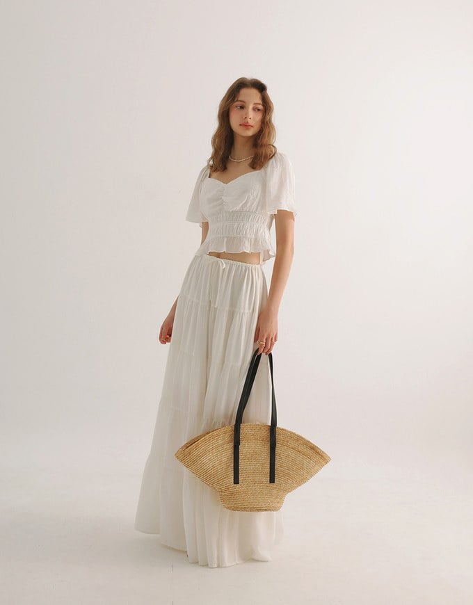 Elastic Shirred Waist Puff Sleeve Cropped Top