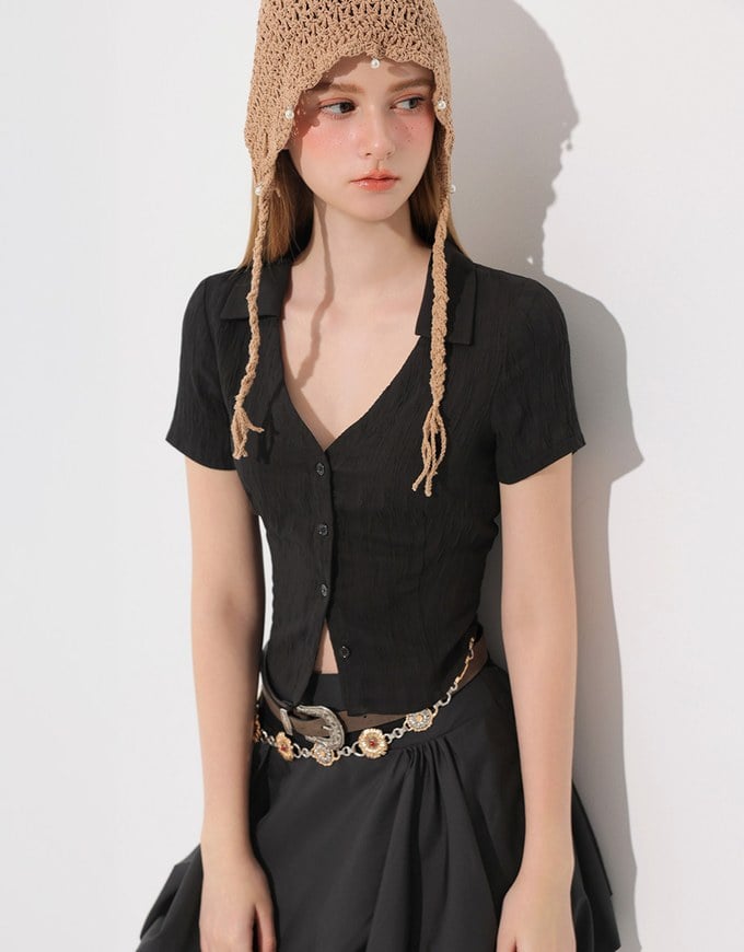 Crinkled Textured V Neck Fitted Button Shirt Top with Collar