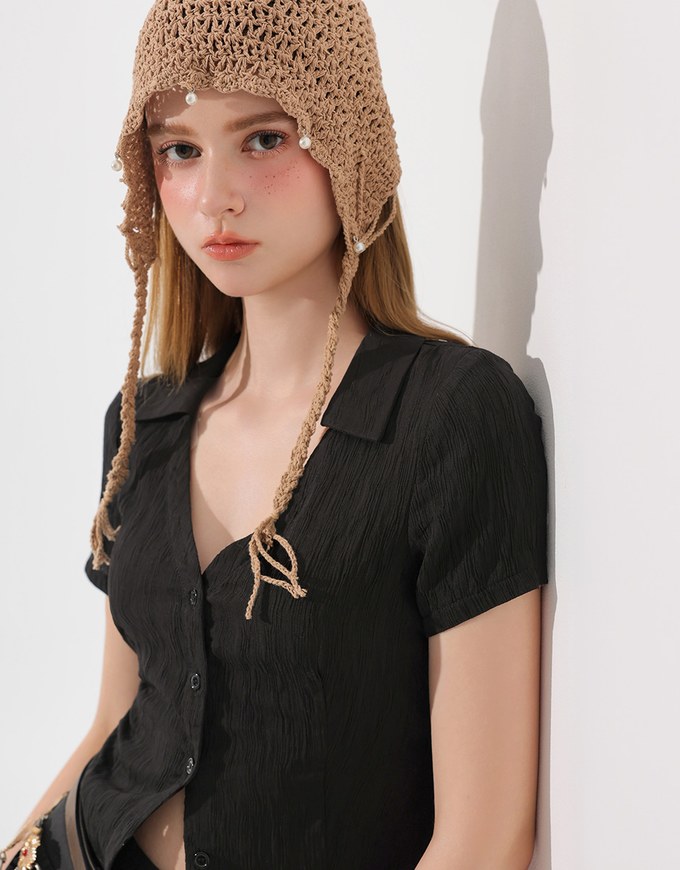 Crinkled Textured V Neck Fitted Button Shirt Top with Collar