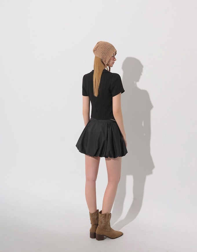 Crinkled Textured V Neck Fitted Button Shirt Top with Collar