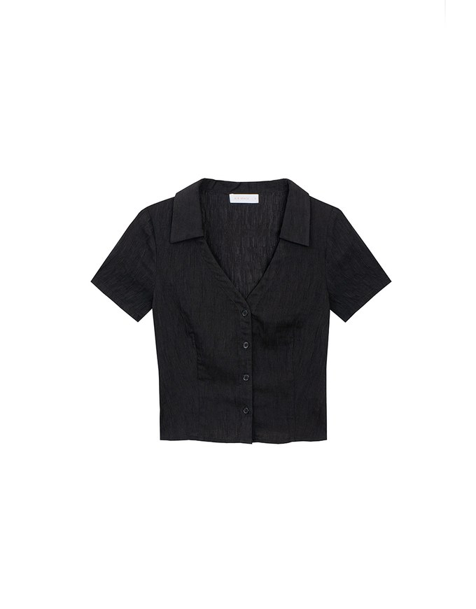Crinkled Textured V Neck Fitted Button Shirt Top with Collar